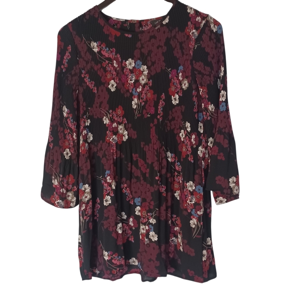 J.Jill Wearever Women's Burgandy Floral Pleated Blouse Size Small Bloomcore Boho